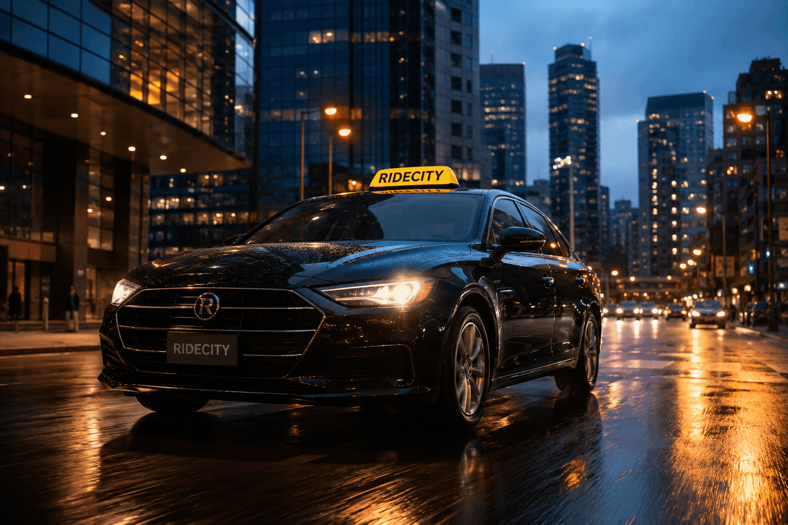 City cab driving through urban streets at night