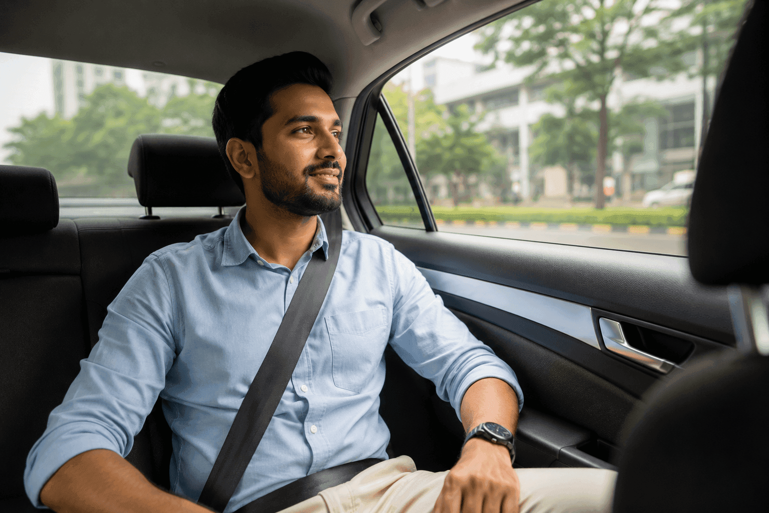Passenger in a comfortable car during a safe ride