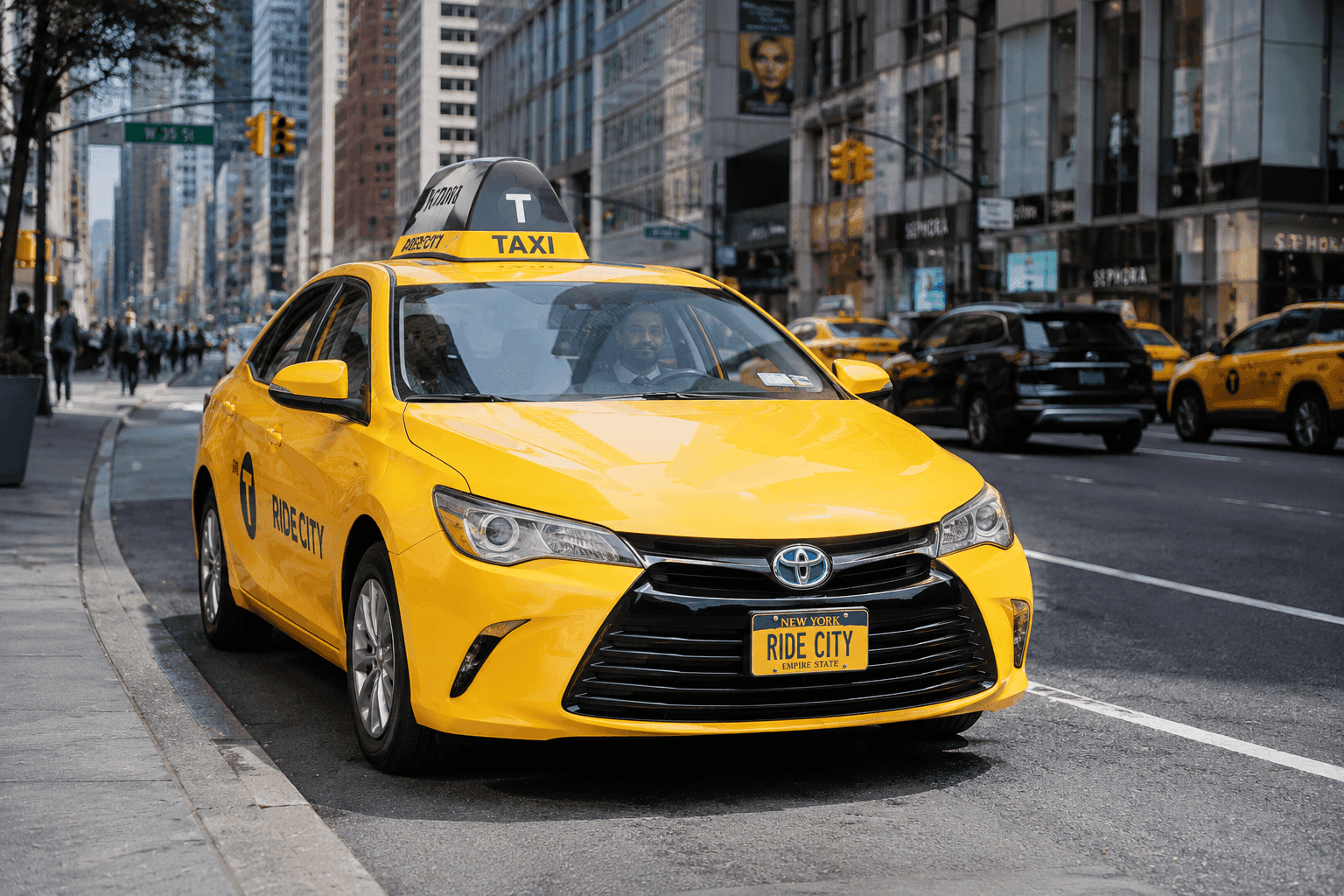 Yellow taxi on a city street