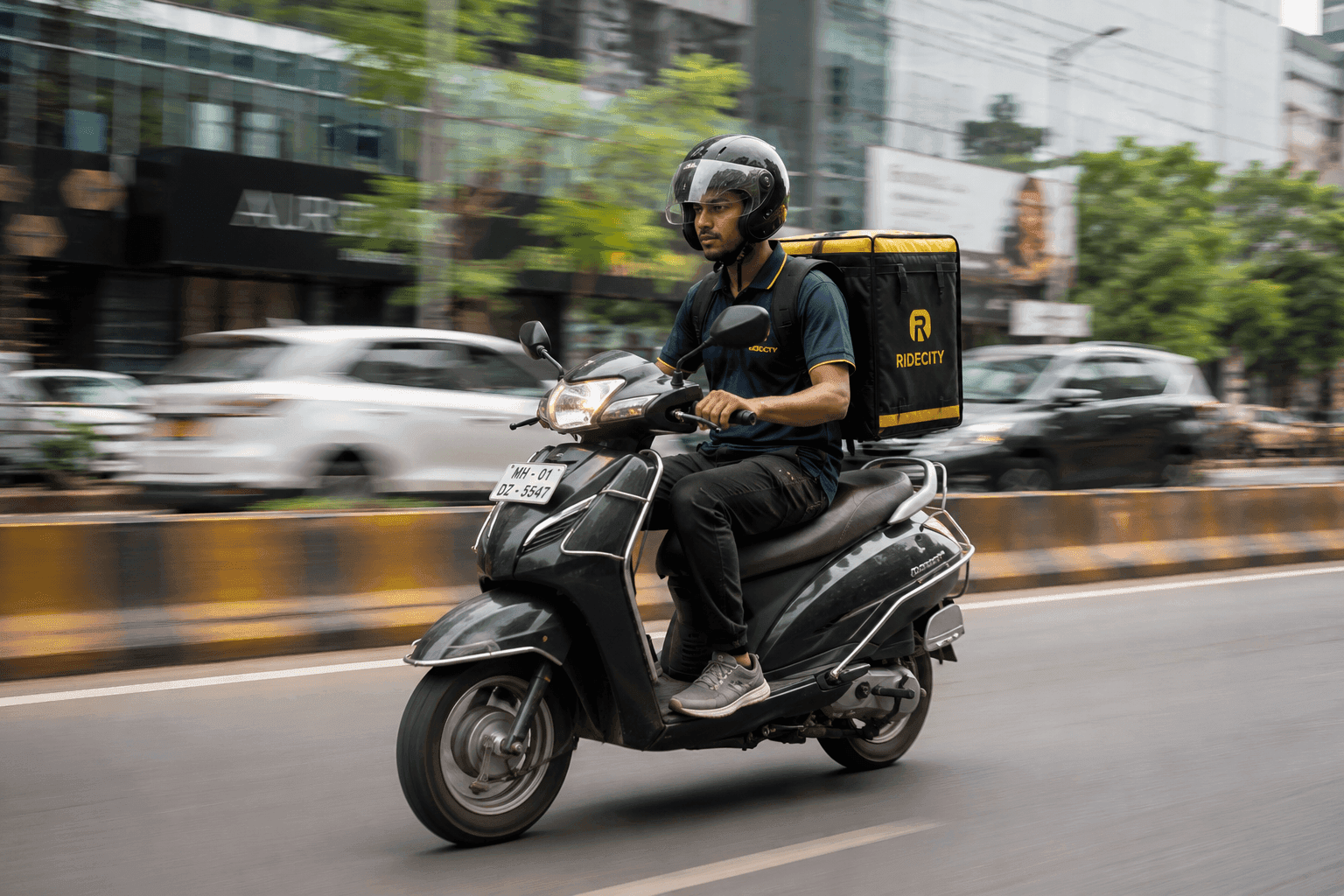 Motorcycle navigating city traffic